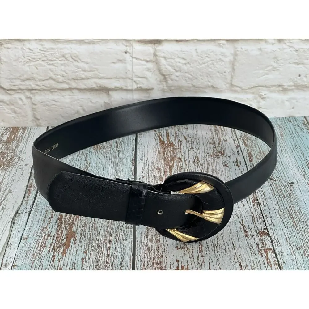 Women's Vintage 1980 Black and Gold Tone‎ Accent Buckle Belt L